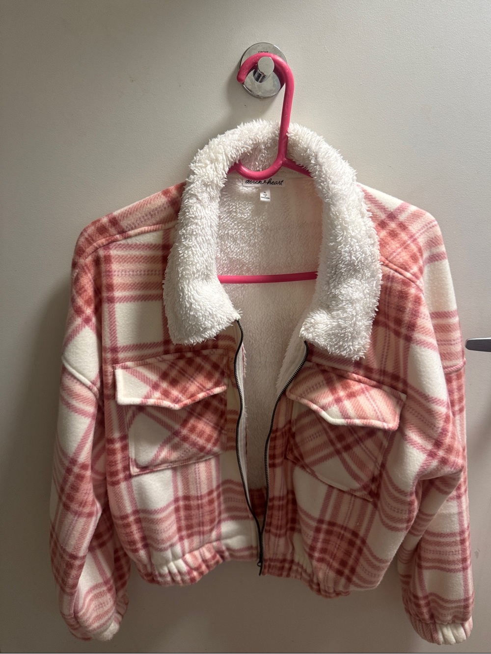 Fashion Nova Pink Plaid Sherpa-Lined Zip Jacket